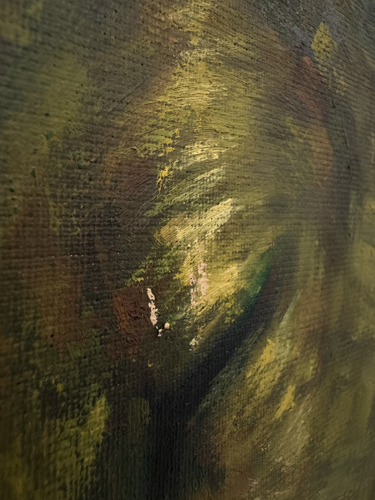 Detail of Second Skin by Phaedra: textured olive, yellow and pink brushstrokes on a sleeping animal's head