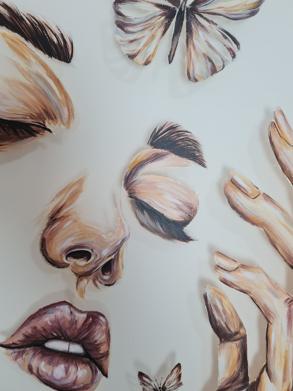 Threads of Becoming by Mahdiye, close-up: painted closed eye, nose, parted lips and a butterfly cut from mesh, with frayed mesh edges and soft shadows on the pale ground