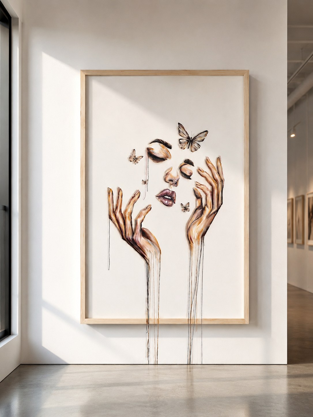 Threads of Becoming by Mahdiye shown large in a light wood frame in a bright gallery space with a concrete floor, threads falling from both hands