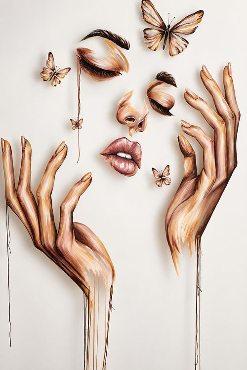 Threads of Becoming by Mahdiye: a fragmented face with closed eyes, nose and parted lips floating between two reaching hands, with butterflies and dripping threads, acrylic and stitched thread on mesh