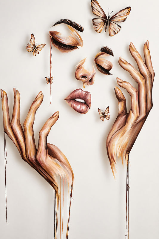 Threads of Becoming by Mahdiye: a fragmented face with closed eyes, nose and parted lips floating between two reaching hands, with butterflies and dripping threads, acrylic and stitched thread on mesh