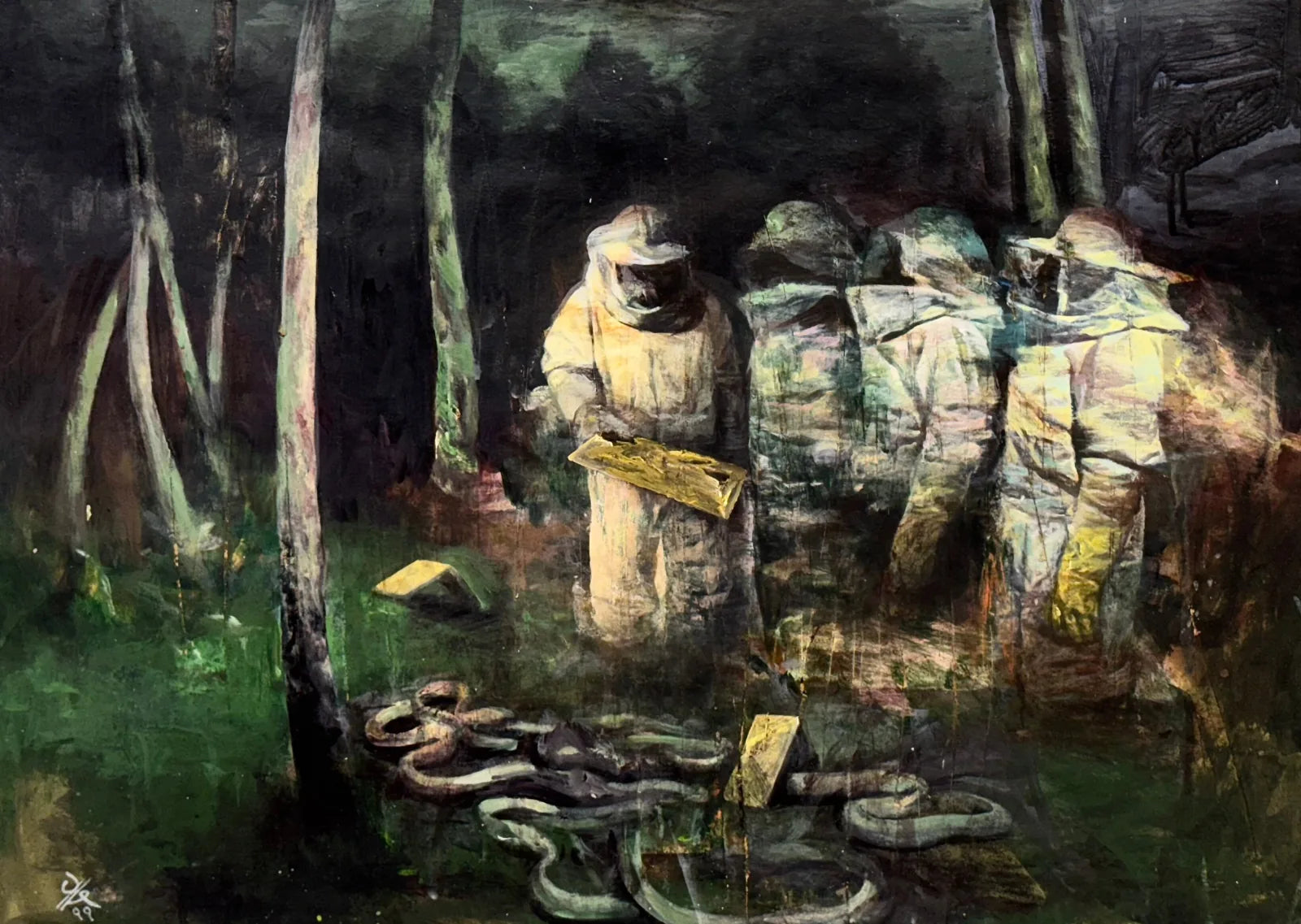 Original painting Encounter by a VanArtHub artist, figures in a dark forest