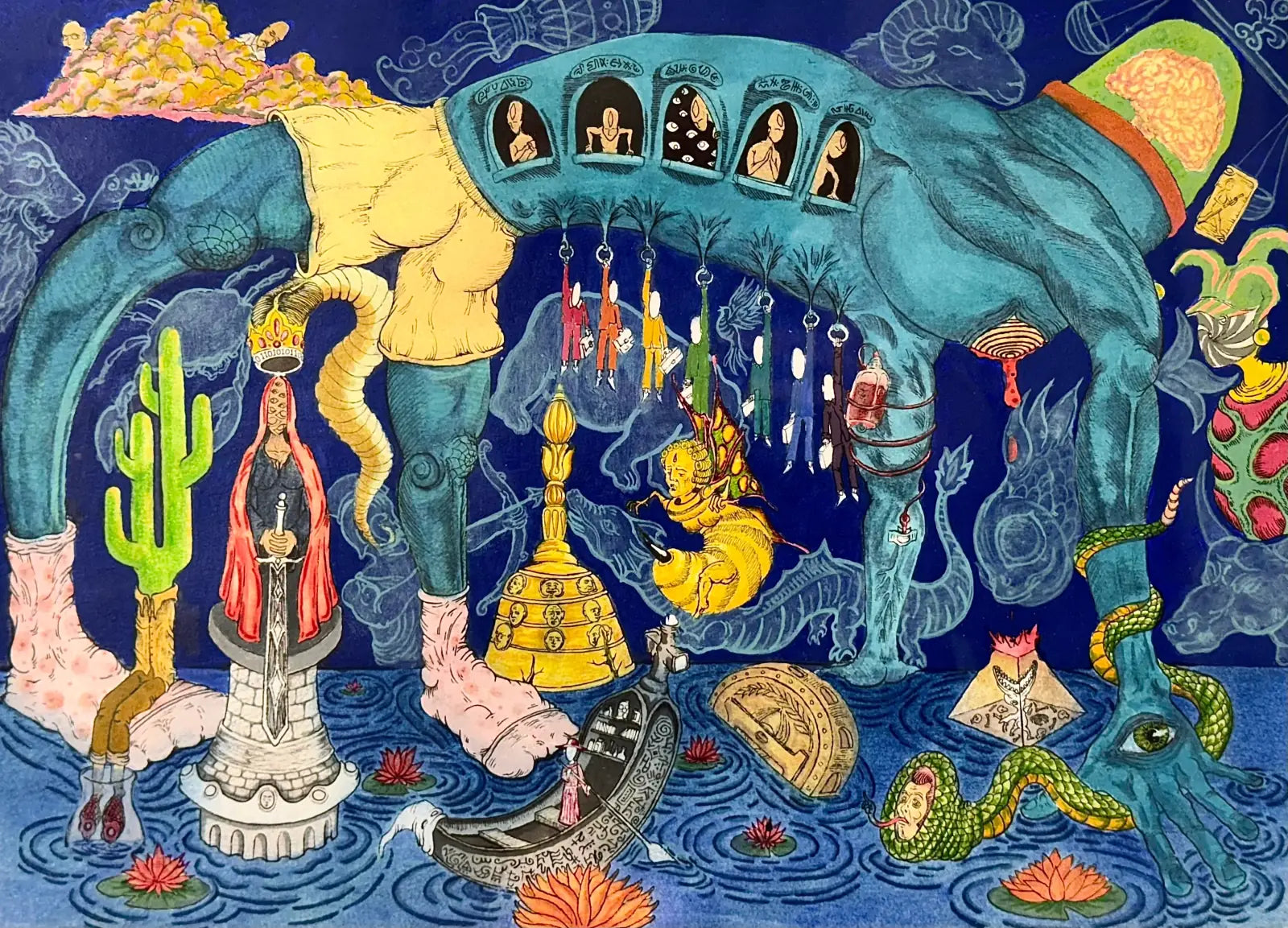 Detail of the original painting Ancient Egypt by a VanArtHub artist, in deep blue and gold