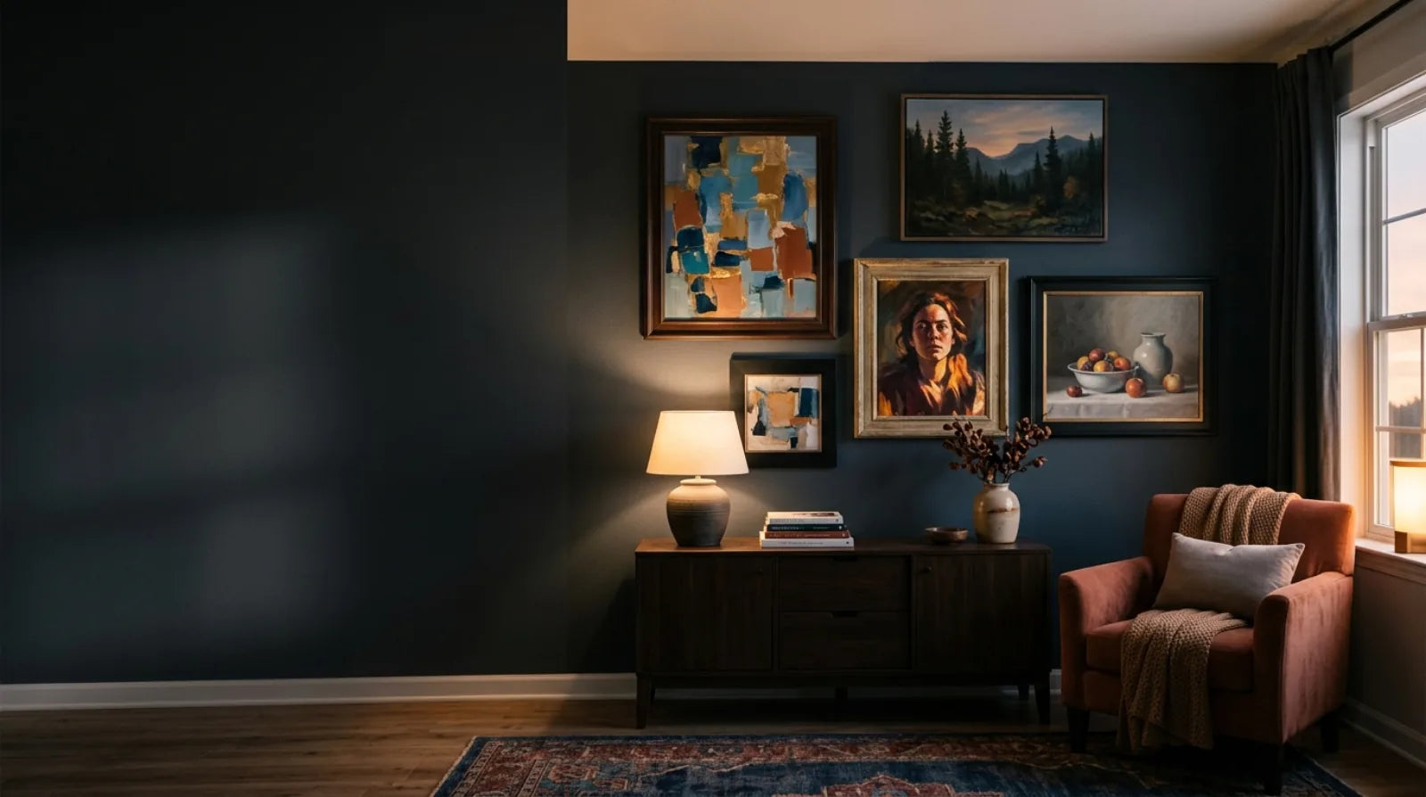 A curated gallery wall of original paintings in different styles above a console table in a warm living room