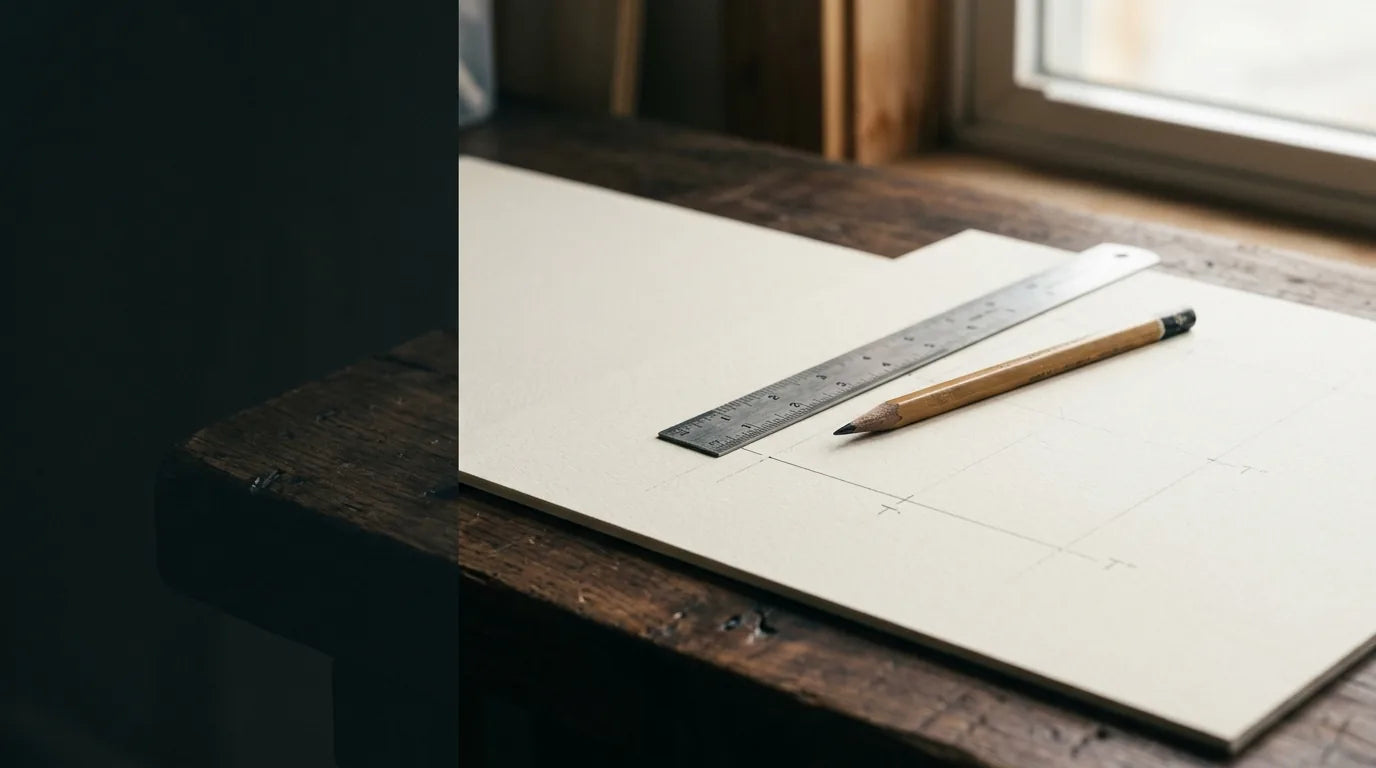 A steel rule and pencil laid across a sheet of mat board, marked out for a cut