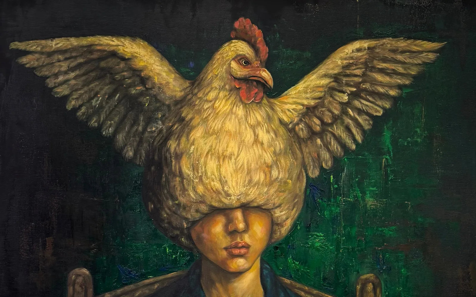 Birth of Death, an original surrealist oil painting of a seated figure holding a golden egg