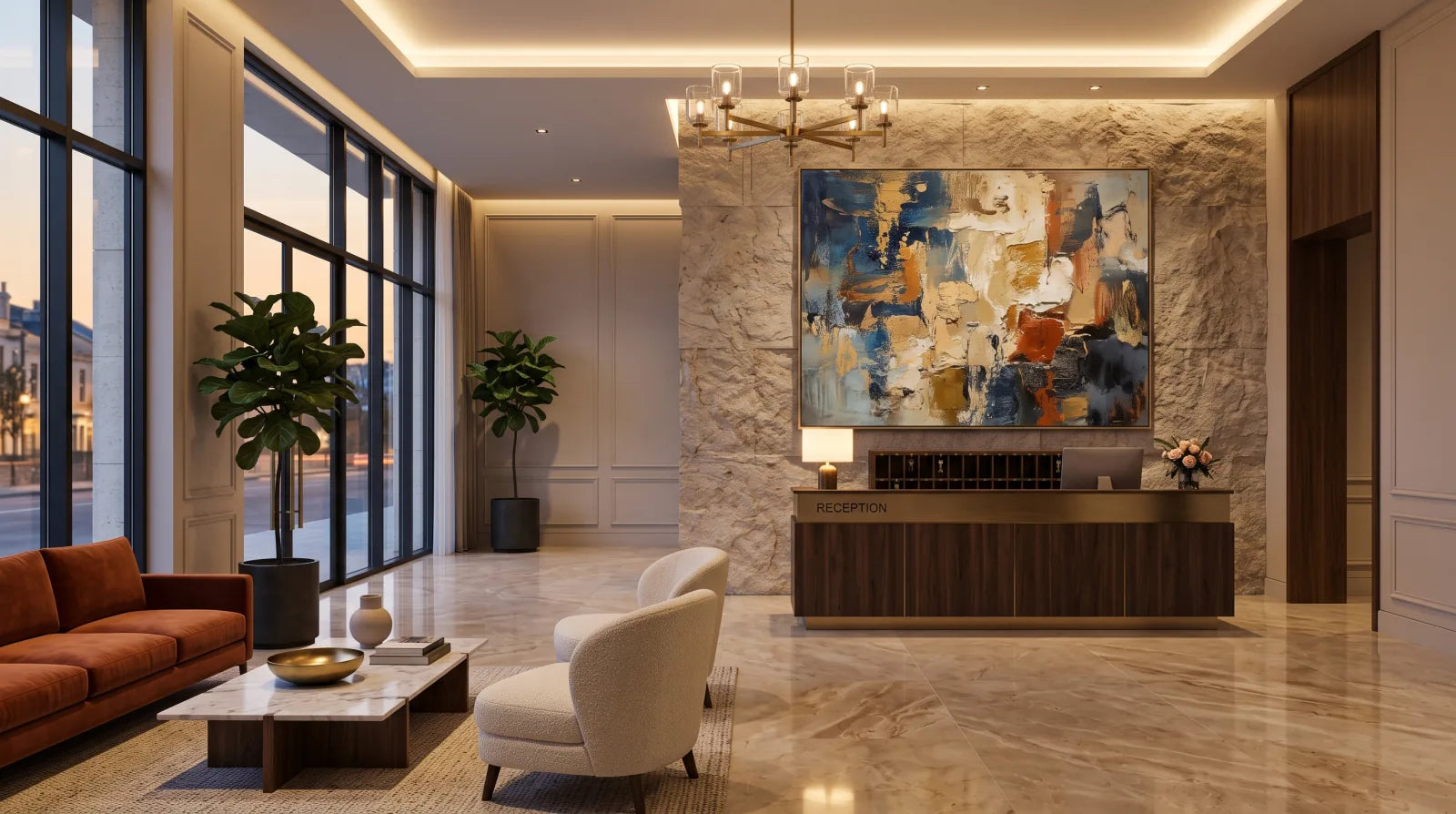 Luxury hotel lobby with a large original abstract painting on the feature wall behind reception