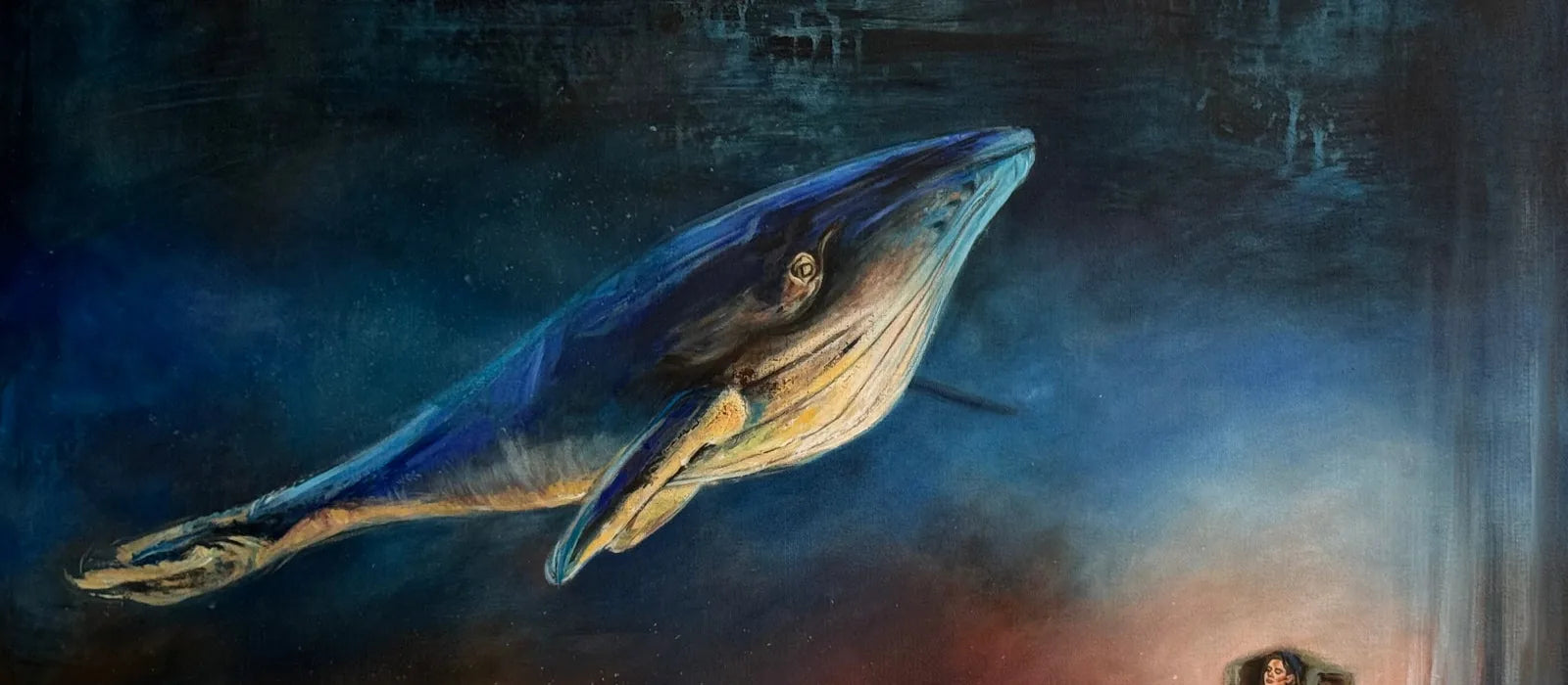 Calm in the Dark, an original oil painting of a whale in deep blue water, by Peyman Mehdizadeh