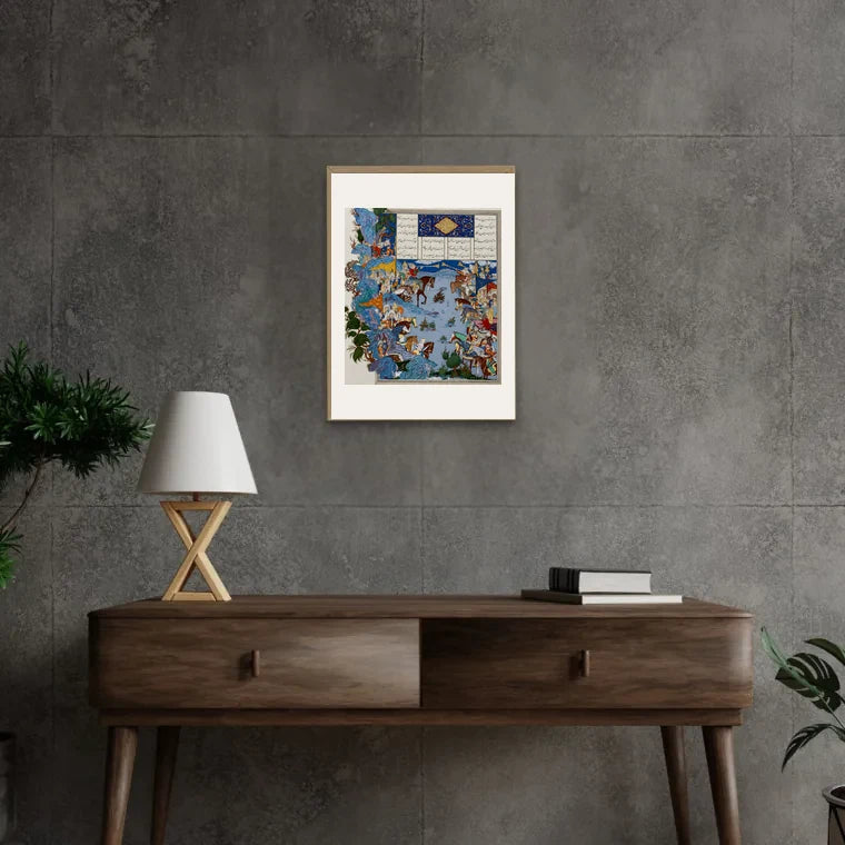 A framed original painting hung on a living room wall above a wooden console