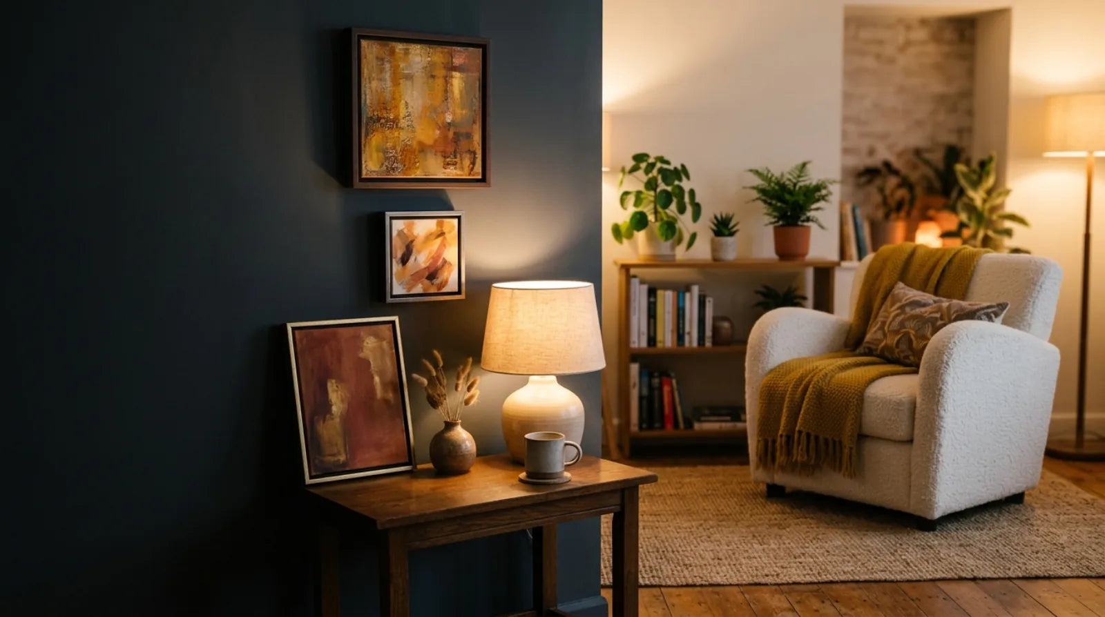 Small original paintings displayed on a dark wall in a cozy apartment corner