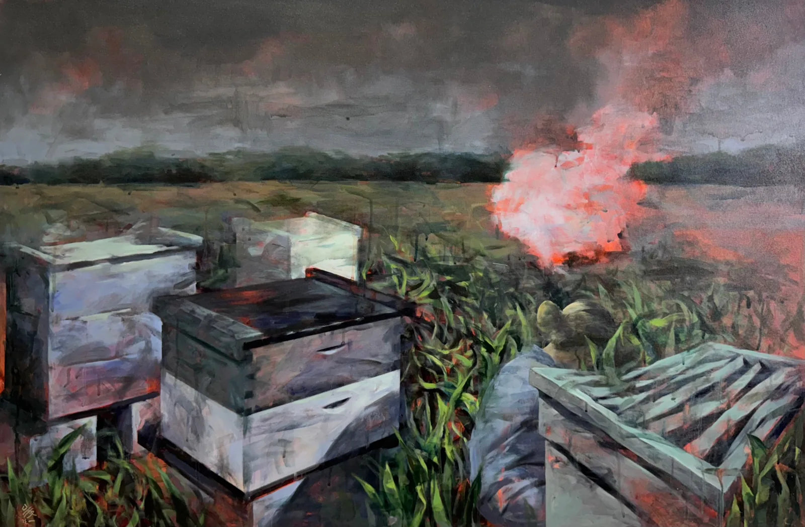 Twilight, an original painting of beehives in a green field at dusk, available at VanArtHub