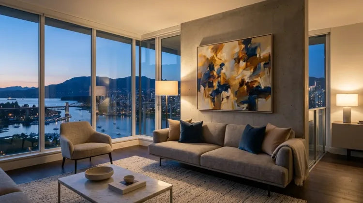 A large original abstract painting from VanArtHub hanging above a sofa in a West End Vancouver condo, with the city and water visible through floor-to-ceiling windows