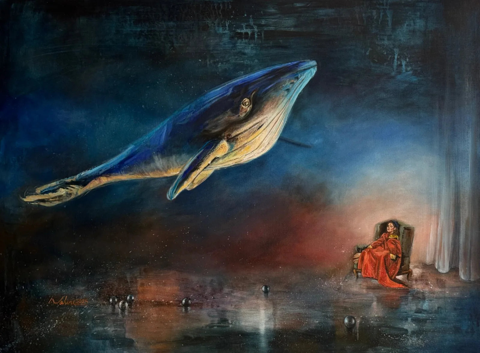 Original painting Calm in the Dark by a VanArtHub artist, a whale drifting over a sleeping figure